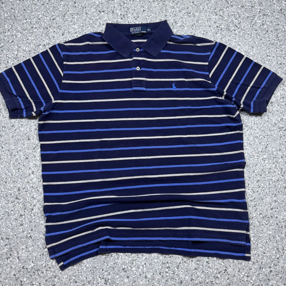 Y2K Polo Ralph lauren Stripped Polo Shirt Men's XL Blue Preppy Skater Pony